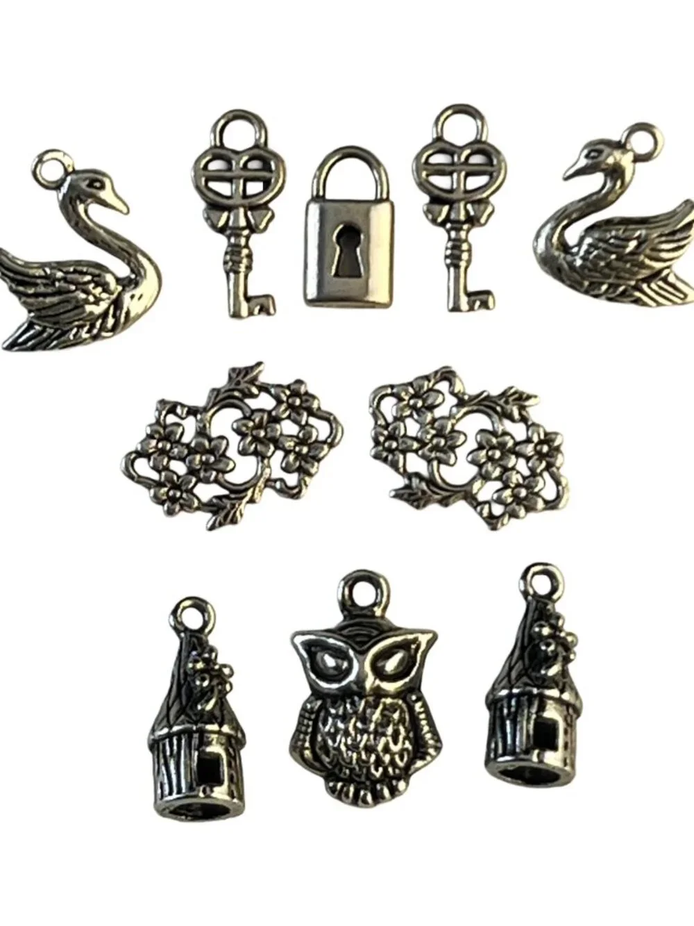 Vintage Style Antique Silver Mixed Tiny Charms Set - 9pc Swan Owl Fairy House